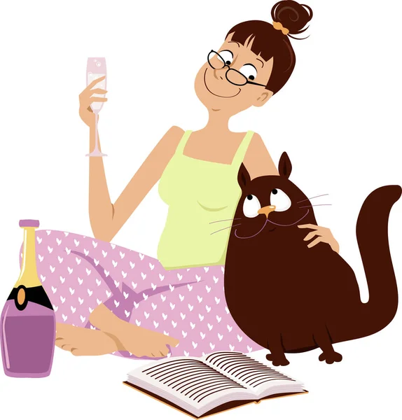 Жінка Окулярах Піжамах Шампанське Читає Вдома Компанії Своєї Люблячої Кішки — стоковий вектор