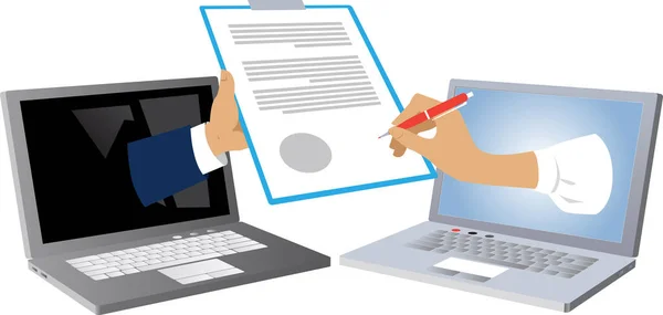 ノートパソコンの画面から出てくる女性の手と電子署名のメタファーとして別のコンピュータから提示された文書に署名 Eps 8ベクトルイラスト — ストックベクタ