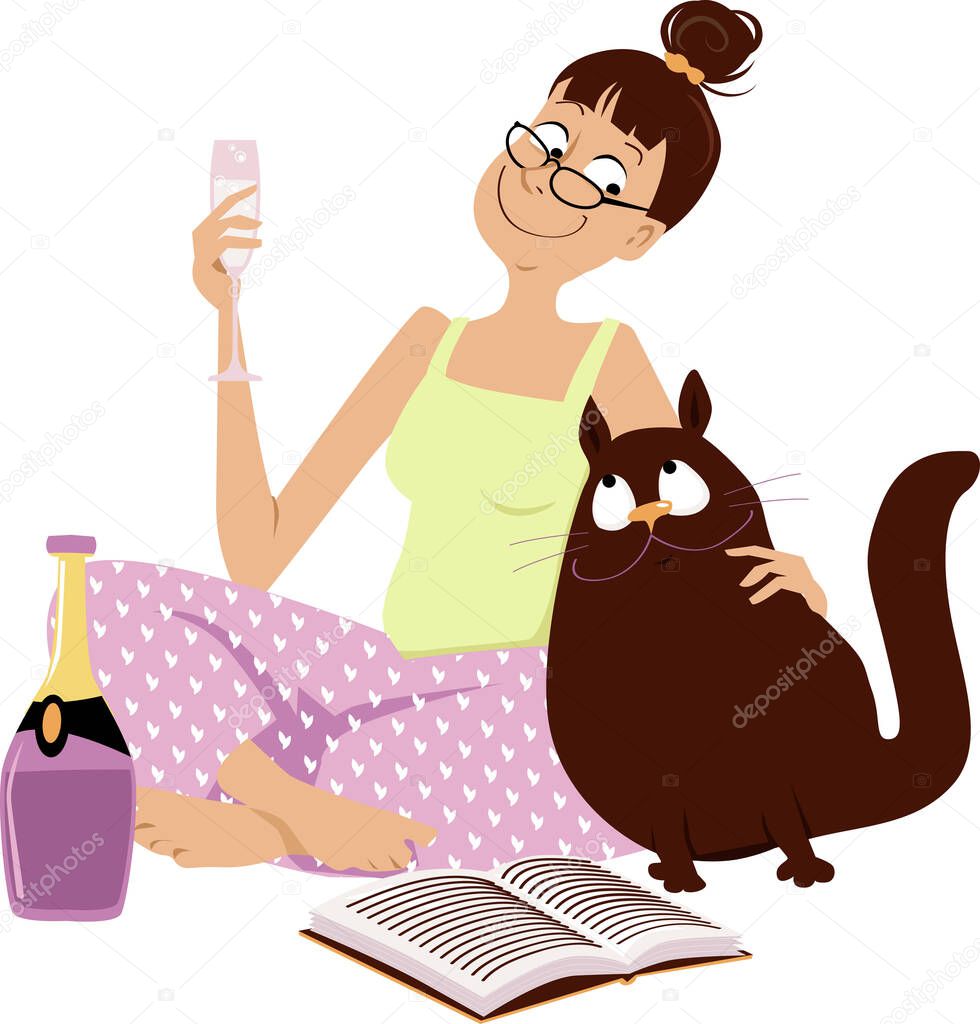 Woman in glasses and pajamas drinking Champaign and reading at home in a company of her loving cat, EPS 8 vector illustration