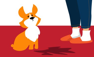 Halıya leke yapan suçlu görünümlü bir köpeğin yanında duran hayvan sahibi, EPS 8 vektör illüstrasyonu