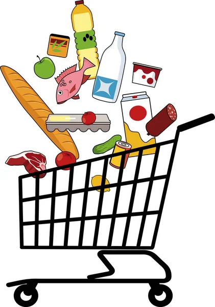 Grocery Items Falling Shopping Cart Representing Online Shopping Consumer Basket — Stock Vector