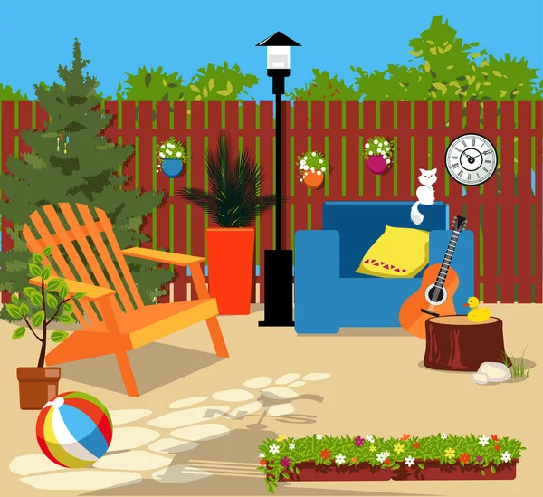 Patio Trasero Suburbano Verano Espacio Acogedor Decorando Con Flores Temporada — Vector de stock