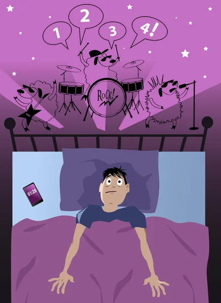 Joven Acostado Mal Sueño Tarde Noche Sufren Insomnio Ovejas Cabeza — Vector de stock