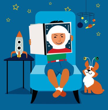 Uzay temalı oyuncaklarla dolu bir odada astronotlar hakkında kitap okuyan küçük çocuk, EPS 8 vektör illüstrasyonu