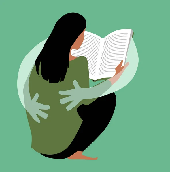 Mujer Leyendo Libro Libro Dándole Abrazo Reconfortante Eps Vector Ilustración — Vector de stock
