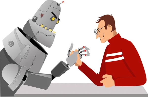 Man Arm Wrestling Robot Gigante Como Metáfora Los Desafíos Tecnológicos — Vector de stock