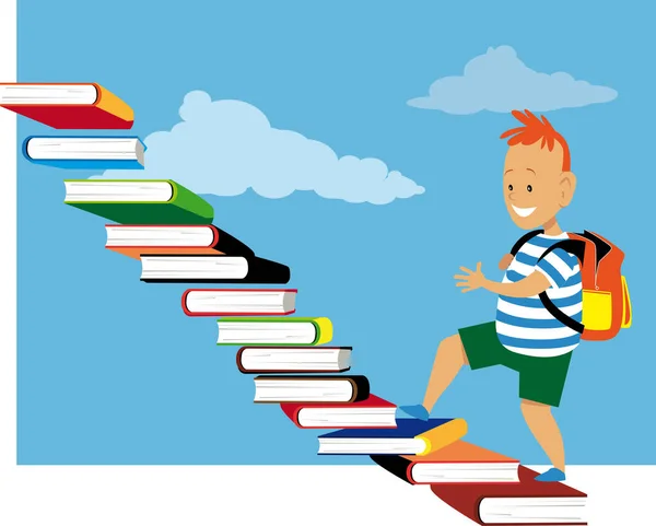 Kisfiú Sétál Fel Lépcsőn Könyvekből Eps Vektor Illusztráció — Stock Vector