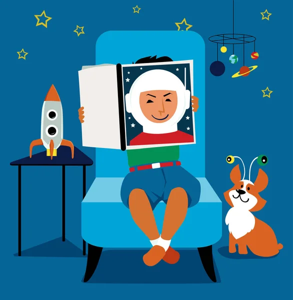 Anak Kecil Membaca Buku Tentang Astronot Ruangan Yang Penuh Dengan - Stok Vektor