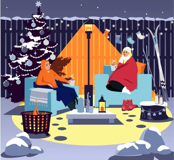 Couple Sitting Cozy Chair Backyard Fire Winter Seasonal Decorations Eps — Stock Vector