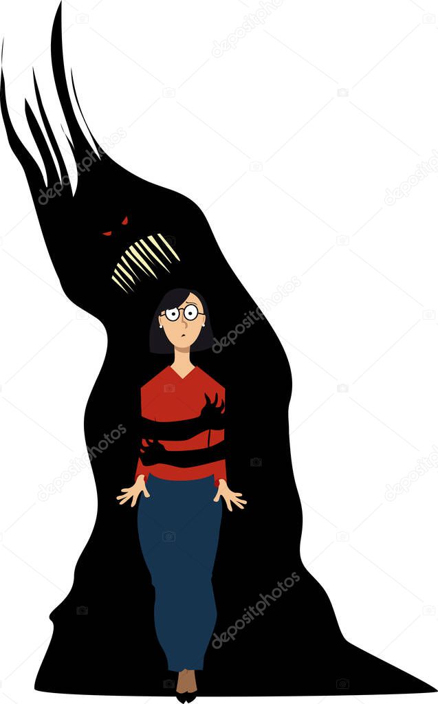 Terrified woman in a grasp of a fear monster, EPS 8 vector illustration