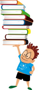 Küçük çizgi filmci çocuk büyük bir kitap yığınına baskı yapıyor, EPS 8 vektör illüstrasyonu.