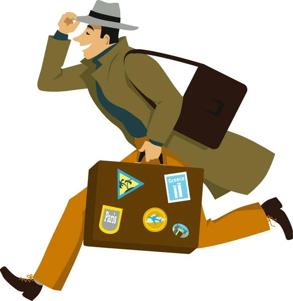 Persona Con Una Maleta Una Bolsa Corriendo Sosteniendo Sombrero Emocionado — Vector de stock