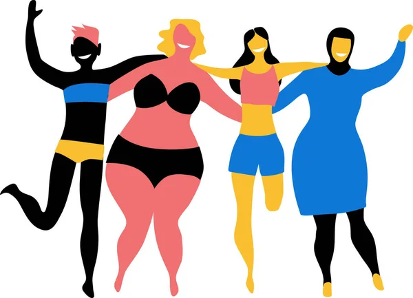 Чотири Жінки Друзі Костюмах Плавання Представляють Включення Різноманітність Eps Векторні — стоковий вектор