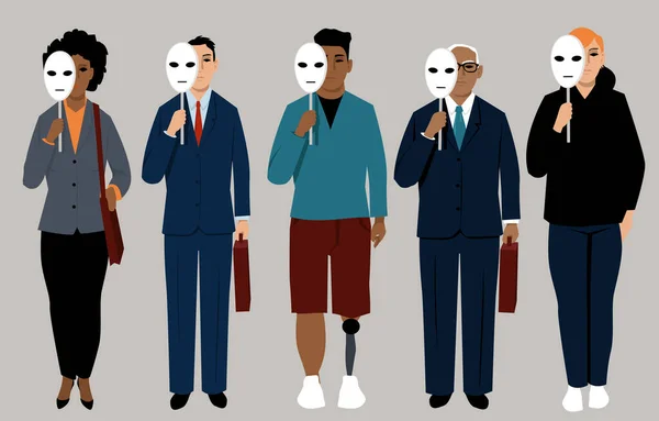 Diverse Job Applicants Hiding Neutral Masks Representing Reducing Bias Hiring — Wektor stockowy