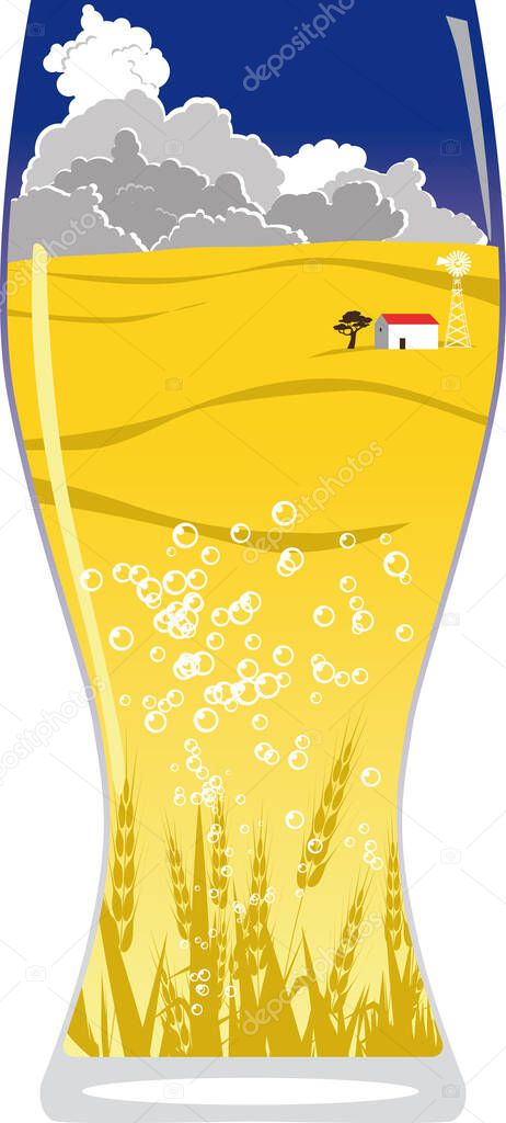 Silhouette of a beer pint glass filled with an agricultural landscape and shadow of barley or wheat, EPS 8 vector illustration, no transparencies