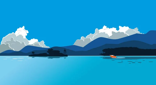 背景に山脈と嵐の雲と美しい夏の湖やモーターボートが島を移動し あなたのテキストのためのスペースをコピーし Eps 8ベクトルイラスト 透明性なし — ストックベクタ