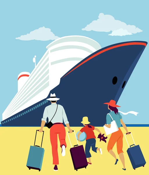 Gezin Met Bagage Naar Een Cruiseschip Eps Vector Illustratie — Stockvector