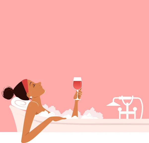 Kobieta Biorąca Relaksującą Kąpiel Bąbelkami Pijąca Czerwone Wino Widok Boku — Wektor stockowy