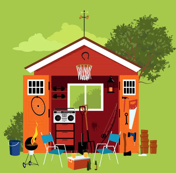 Garden Shed Filled Tools Sport Equipment Recreational Items Chairs Barbeque — Stockový vektor