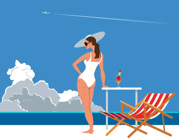 Beautiful Woman Retro Swimming Suit Hat Standing Next Cabana Chair — Stockový vektor