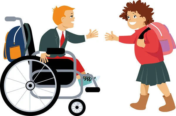 Little Schoolgirl Greeting Her Classmate Who Wheelchair Eps Vector Illustration — ストックベクタ