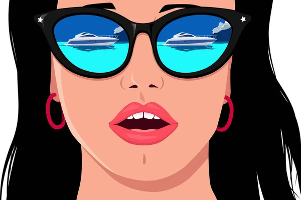 Reflection Generic Yacht Speedboat Sunglasses Amazed Beautiful Young Woman Real — ストックベクタ