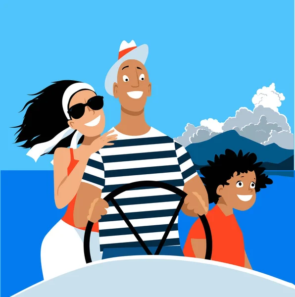 Young Family Driving Speed Boat Yacht Eps Vector Illustration — 스톡 벡터