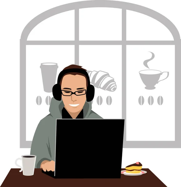 Joven Trabajando Ordenador Portátil Café Tomando Café Pedazo Pastel Eps — Vector de stock