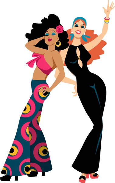 Duas Mulheres Jovens Vestidas Moda Clube Dos Anos 1970 Ilustração — Vetor de Stock