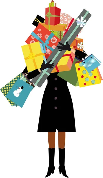 Mujer Terminando Sus Compras Navidad Sosteniendo Una Gran Pila Regalo — Vector de stock