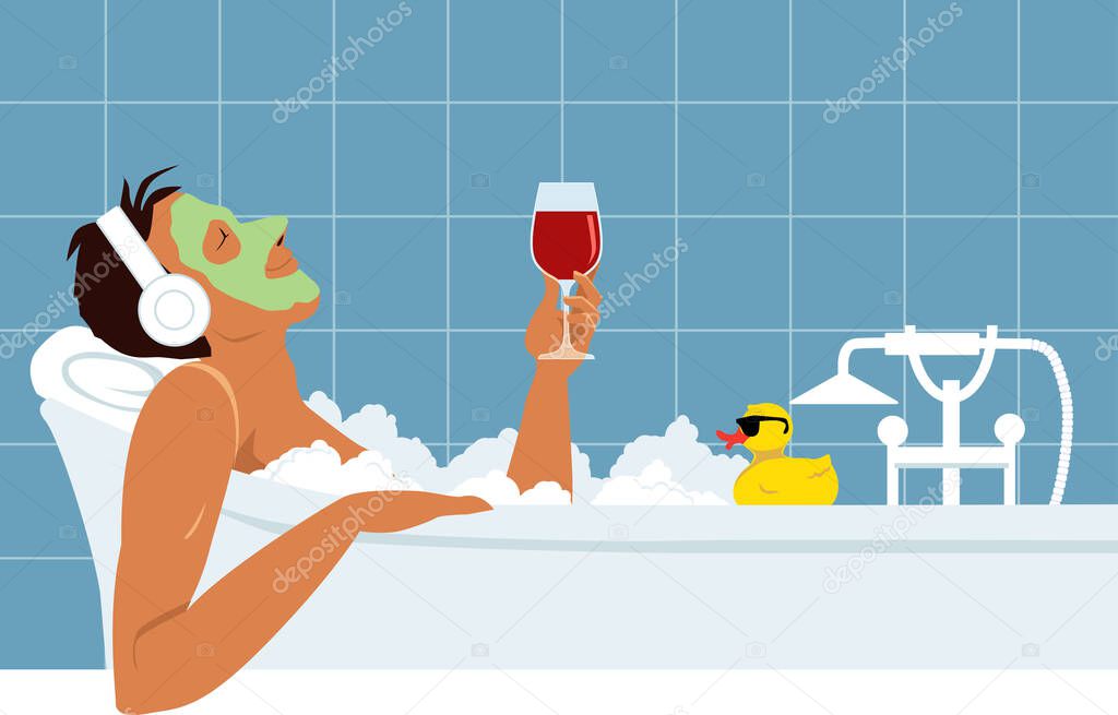Man taking a relaxing bubble bath and drinking red wine, listening for music, EPS 8 vector illustration