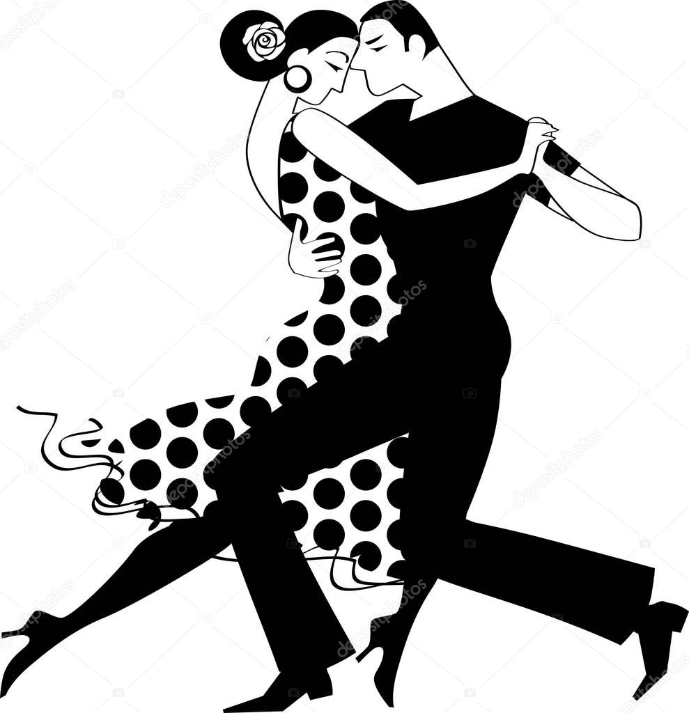 Couple dancing tango, EPS8 vector illustration, no white objects, black line only