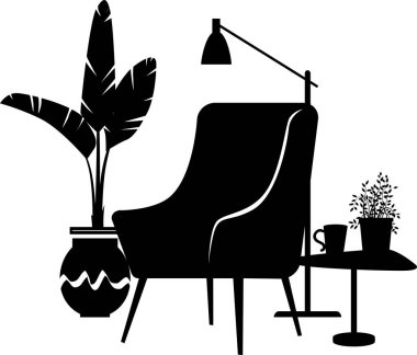 Konforlu okuma köşesi, saksı bitkisi ve lambanın yanında bir sandalye ve kahve masası, EPS 8 vektör illüstrasyonu, tek siluet, tasvir edilmiş gerçek ürün yok