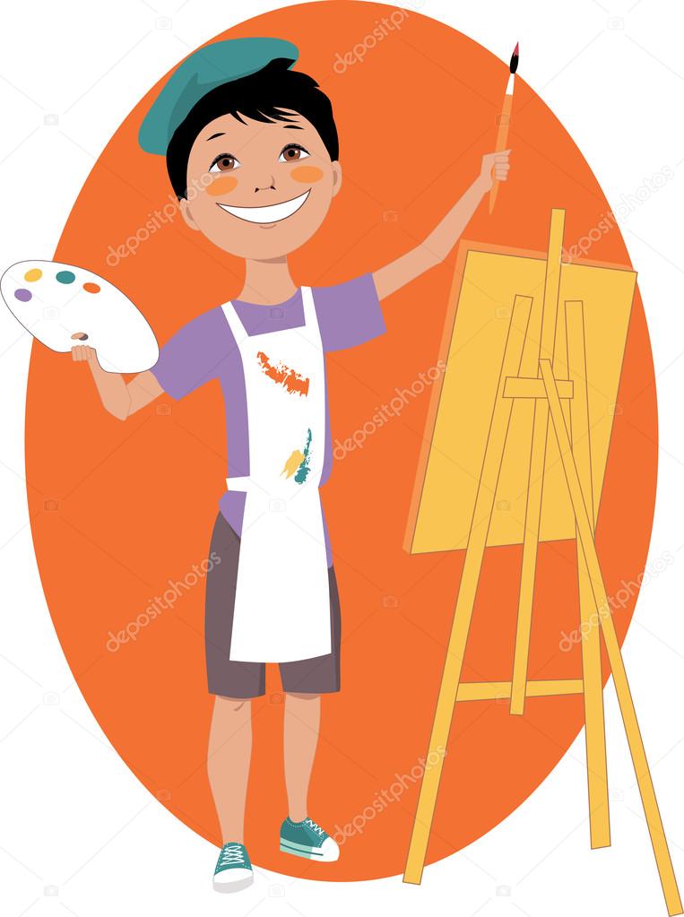 Little boy painting with an easel