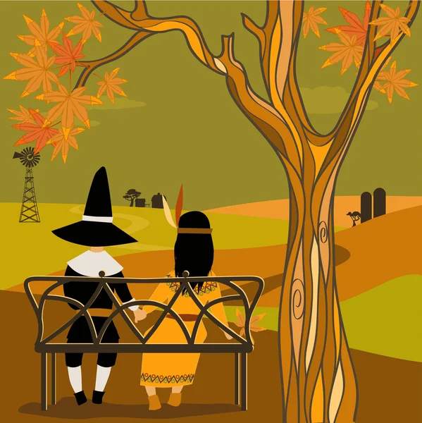 Τα παιδιά στην ημέρα των ευχαριστιών κοστούμια που κάθεται κάτω από ένα δέντρο — Διανυσματικό Αρχείο