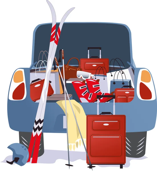 Car packed for a ski trip — Stock Vector