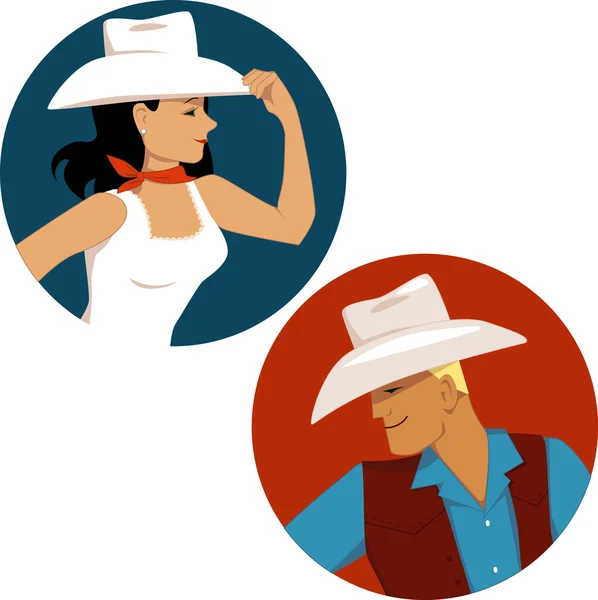 Cowgirl and cowboy round portrait badges — Stock Vector