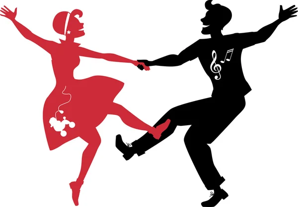 Rockabilly couple dancing silhouette — Stock Vector