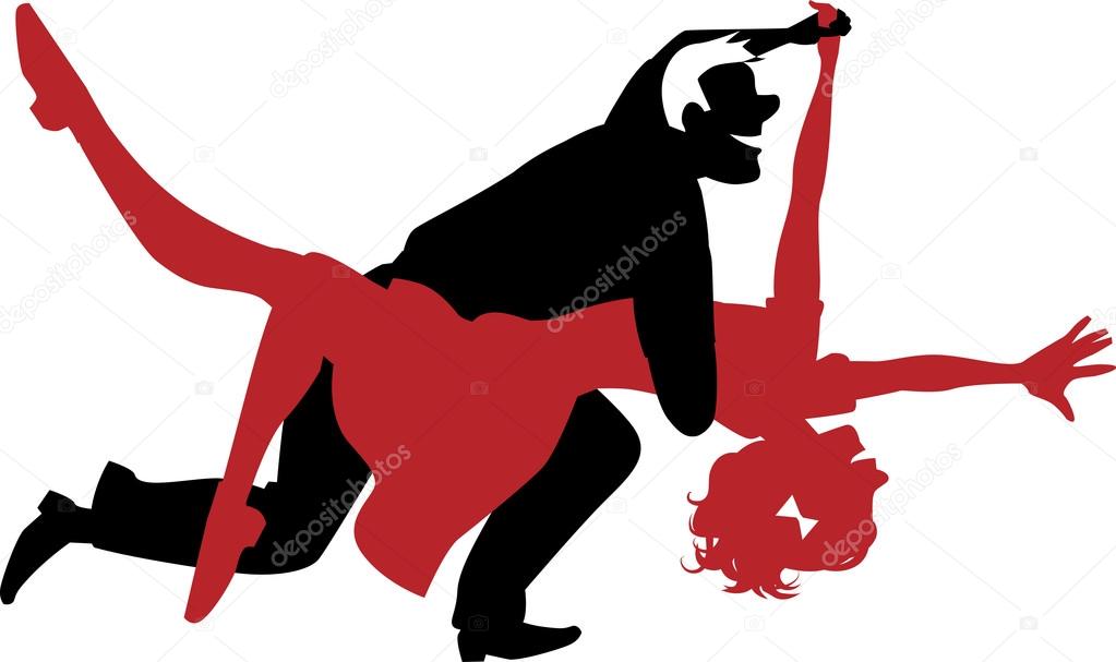 Silhouette of a couple dancing swing or rock n roll