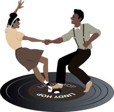 junges Paar schwarz gekleidet in den späten 1940er Jahren Anfang der 1950er Jahre Mode Tanz Lindy Hop auf einer Schallplatte, Jahrgang Farbpalette, keine Folien, Eps 8