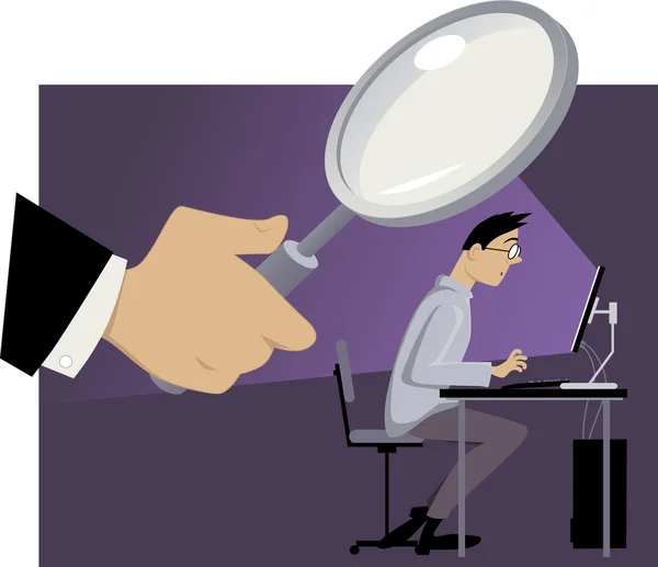 Riesenhand mit Lupe hinter dem Rücken eines Mannes, der an seinem Computer arbeitet, Folge 8 Vektorillustration, keine Folien — Stockillustration Großer Bruder wacht über dich — Stockvektor
