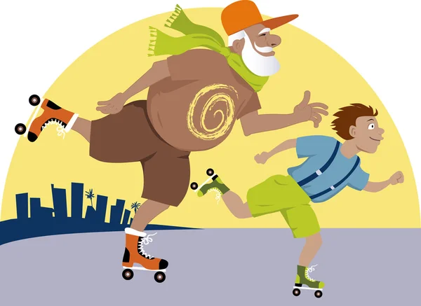 Niño patinando con su abuelo — Vector de stock