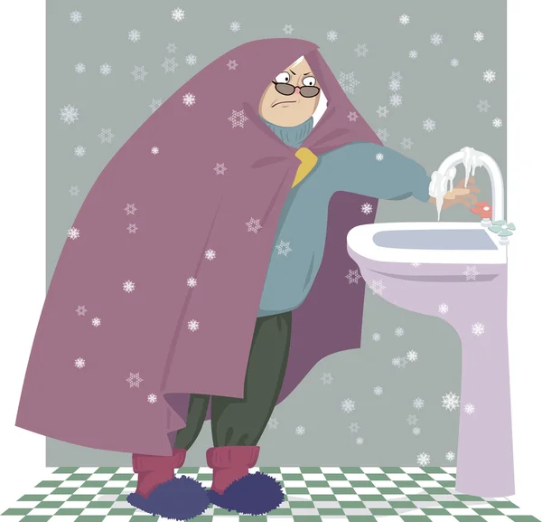 Senior vrouw in een koude huis — Stockvector
