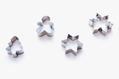 metal cookie cutters, bakeware on a white background, cookie molds on a white background, christmas cookies 