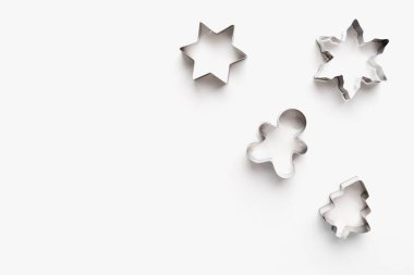 metal cookie cutters, bakeware on a white background, cookie molds on a white background, christmas cookies 