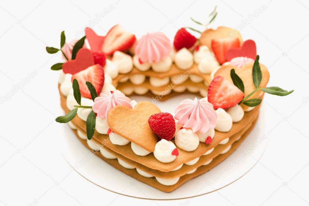cake for valentines day, handmade cake, fruit cake on white background 