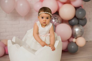 Kızlar için ilk doğum günü partisi. Pembe dekor