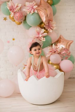 Kızlar için ilk doğum günü partisi. Pembe dekor