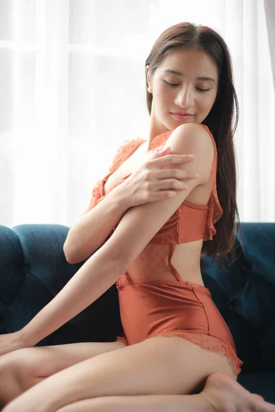 Asian Woman Bikini Posing Home Environment — Stockfoto