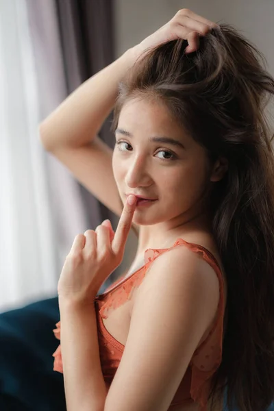 Asian Woman Bikini Posing Home Environment — Stok fotoğraf